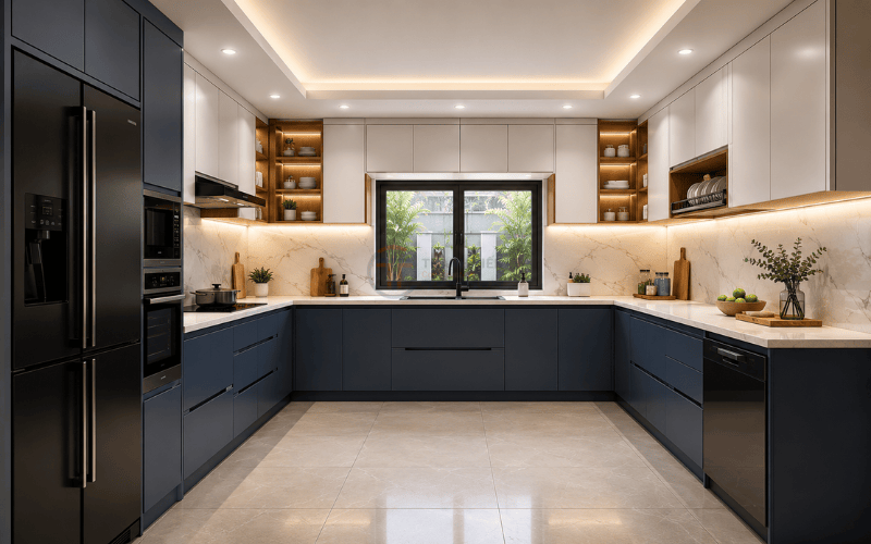 Tủ bếp chữ U được bố trí trên ba mặt tường, tạo thành một khu vực bếp tương đối kín