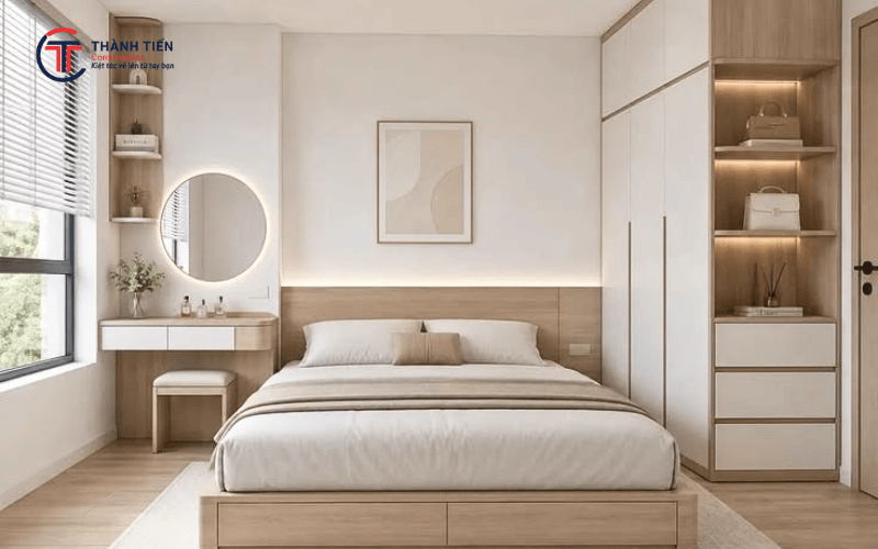 Lựa chọn vật liệu phù hợp giúp phòng ngủ tối giản hiện đại có vẻ ngoài tinh tế, gọn gàng và tiện lợi trong quá trình sử dụng